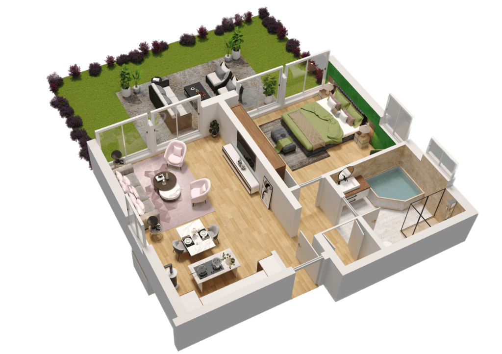 3D-Grundriss Ferienwohnung Kaminfeuer