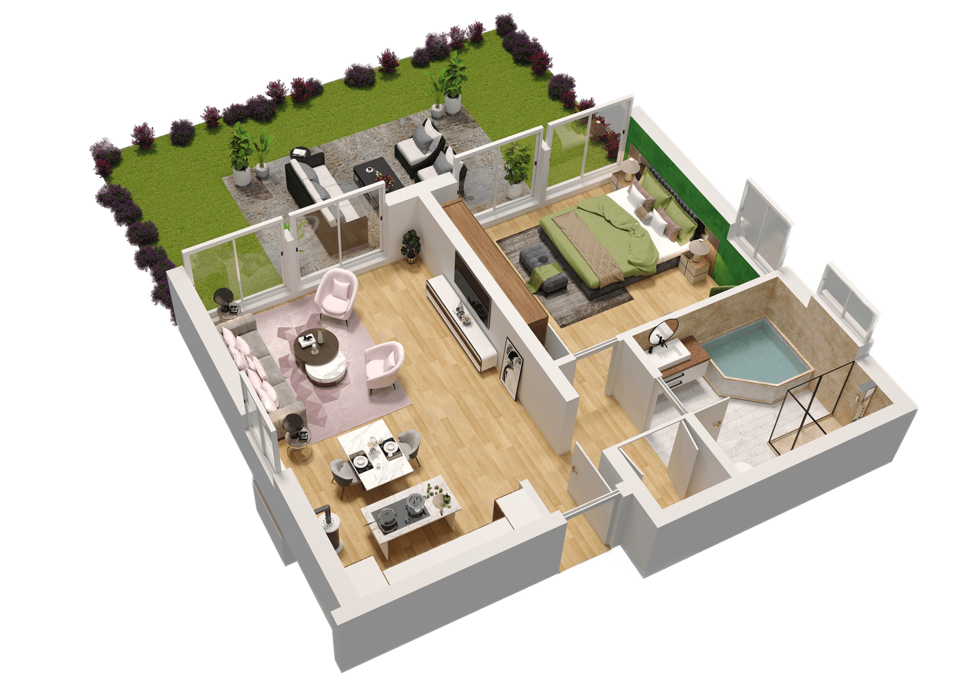3D-Grundriss Ferienwohnung Kaminfeuer